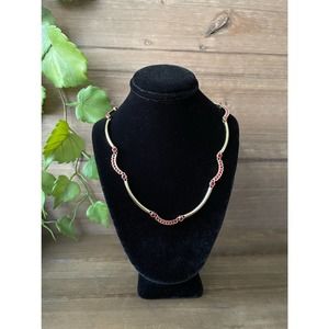 Vintage Monet Necklace - Red CZ Rhinestone - Gold Tone - Art Deco 16”